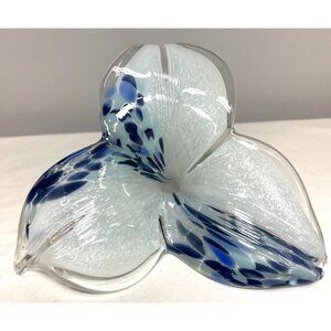 Handcrafted Murano Style Art Glass Flower Sculpture With Swirling Blue & White D